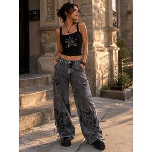 Disclosure Washed Black Cargo Jeans Wide Leg Y2K Streetwear Utility Pants 9/29